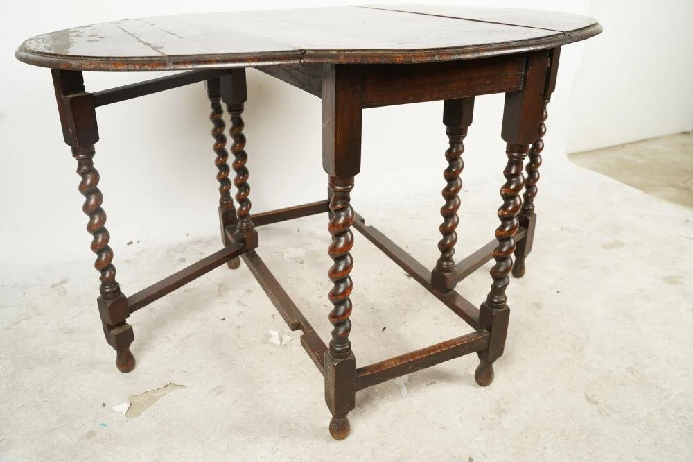 AF1-112: Antique Late 18th Century American Oak Barley Twist Gate Leg Drop Leaf Dining Table - Image 11