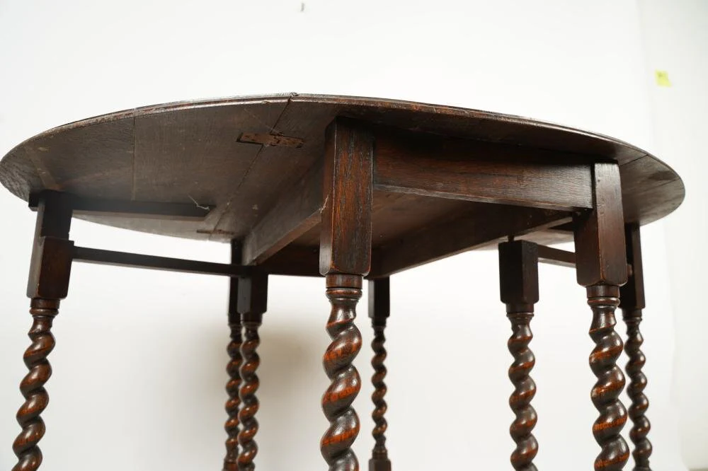 AF1-112: Antique Late 18th Century American Oak Barley Twist Gate Leg Drop Leaf Dining Table - Image 13