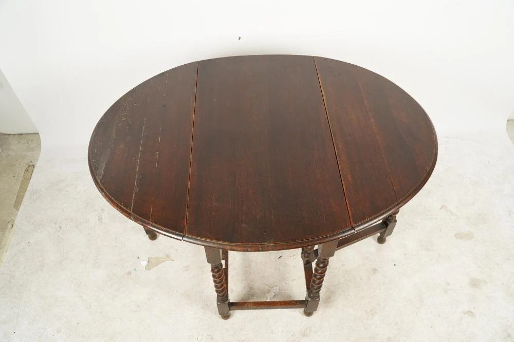 AF1-112: Antique Late 18th Century American Oak Barley Twist Gate Leg Drop Leaf Dining Table - Image 9