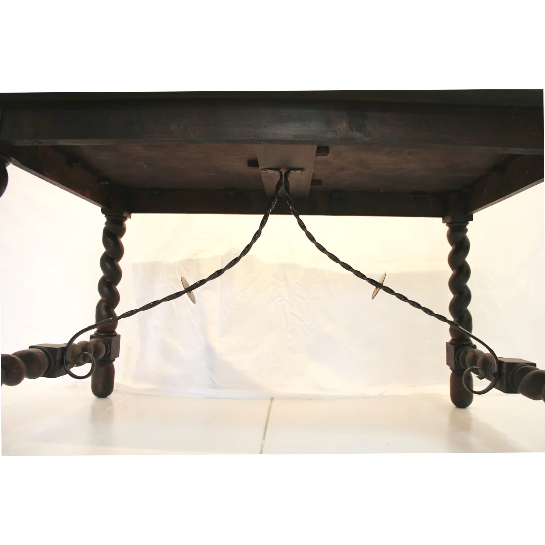 AF1-312: Antique Late 19th Century  Spanish Colonial Revival Table with Barley Twist Legs & Iron Stretchers - Image 3