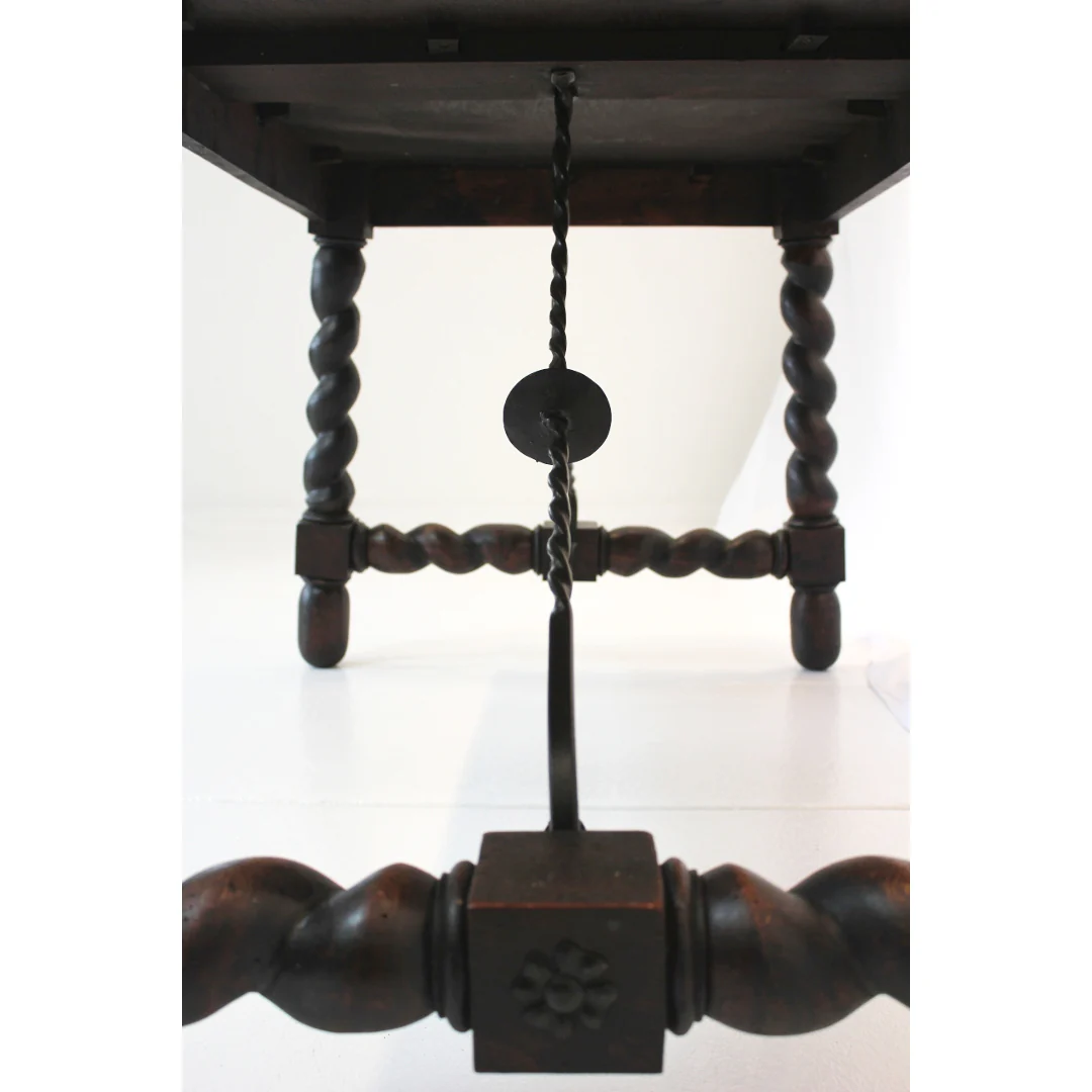 AF1-312: Antique Late 19th Century  Spanish Colonial Revival Table with Barley Twist Legs & Iron Stretchers - Image 4