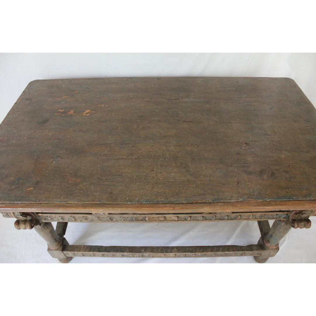 AF1-371: Antique Polychrome Decorated Carved Spanish Colonial Oak Refectory Table Circa 1750 - Image 3
