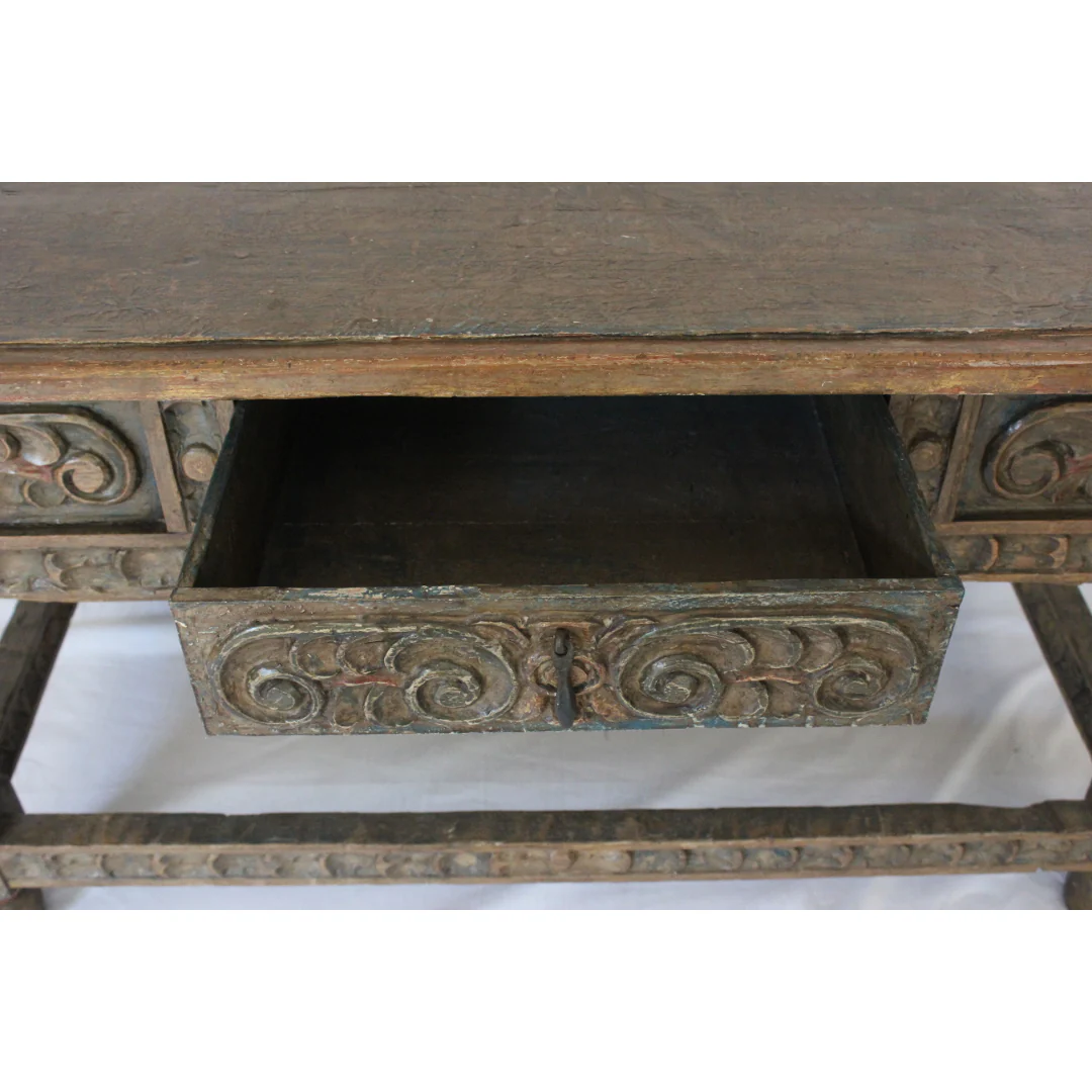 AF1-371: Antique Polychrome Decorated Carved Spanish Colonial Oak Refectory Table Circa 1750 - Image 4