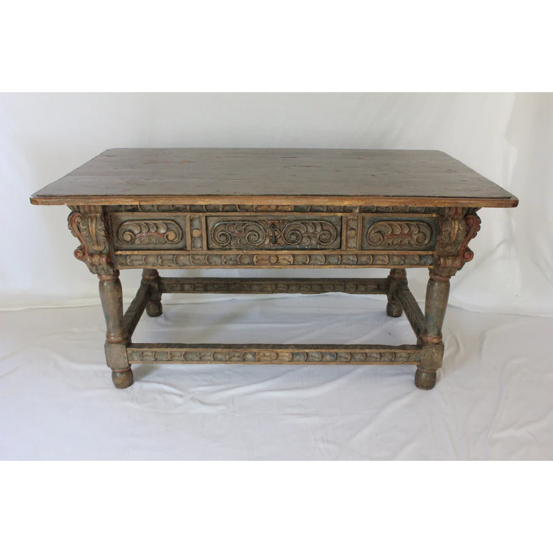 AF1-371: Antique Polychrome Decorated Carved Spanish Colonial Oak Refectory Table Circa 1750 - Image 5