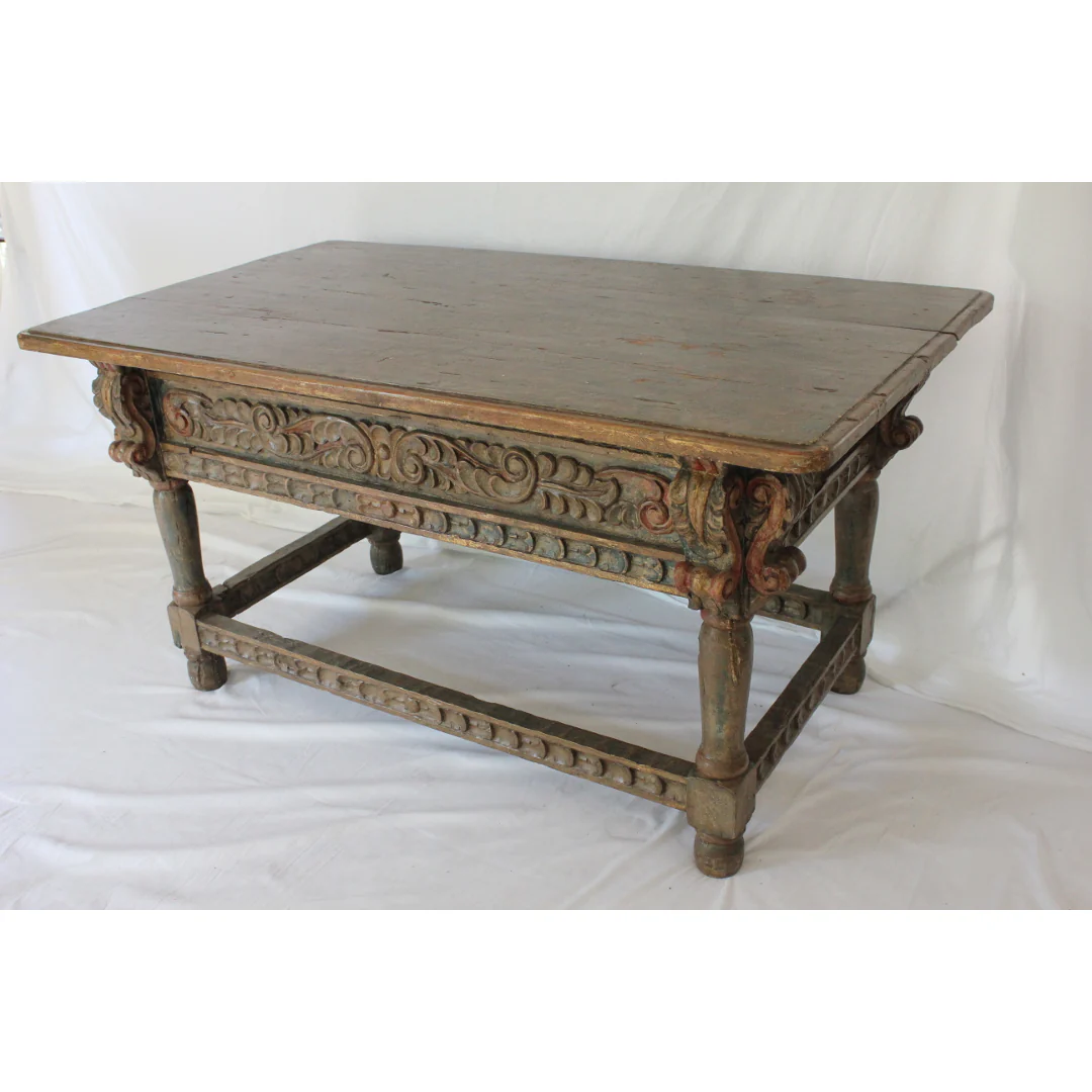 AF1-371: Antique Polychrome Decorated Carved Spanish Colonial Oak Refectory Table Circa 1750 - Image 6
