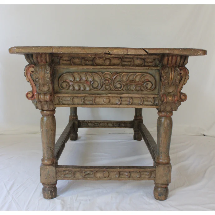 AF1-371: Antique Polychrome Decorated Carved Spanish Colonial Oak Refectory Table Circa 1750 - Image 8