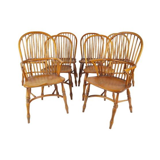 AF2-105: Antique Set of 8 Early 20th Century Oak Bow Back and Sack Back Windsor Chairs - Image 12