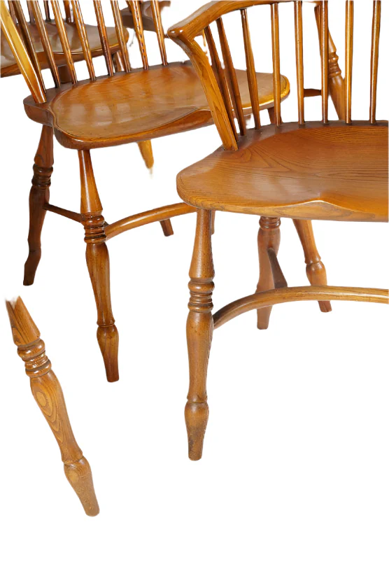 AF2-105: Antique Set of 8 Early 20th Century Oak Bow Back and Sack Back Windsor Chairs - Image 3