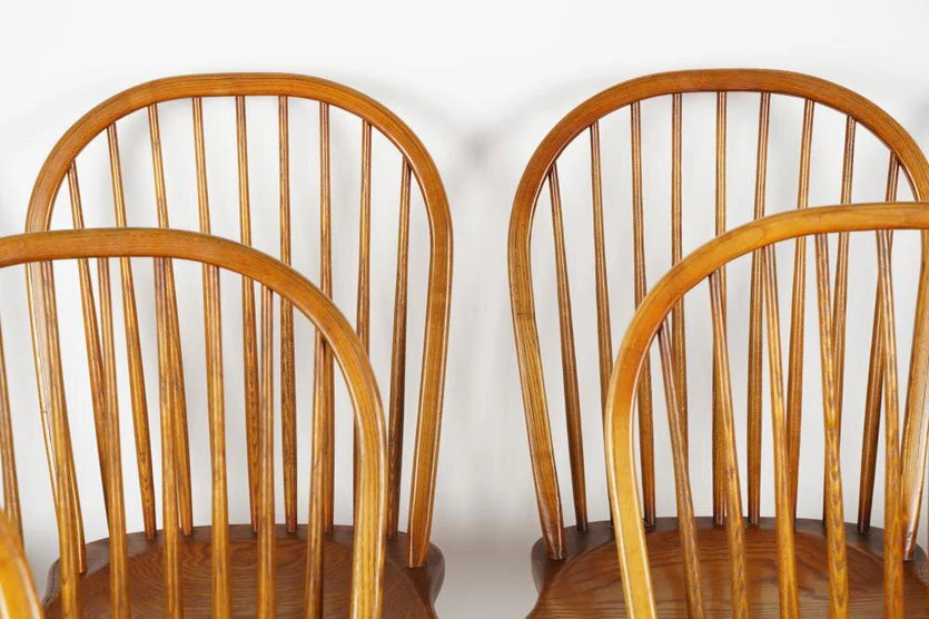 AF2-105: Antique Set of 8 Early 20th Century Oak Bow Back and Sack Back Windsor Chairs - Image 8