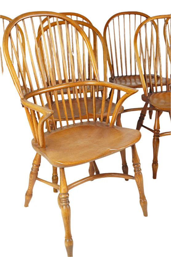 AF2-105: Antique Set of 8 Early 20th Century Oak Bow Back and Sack Back Windsor Chairs - Image 9