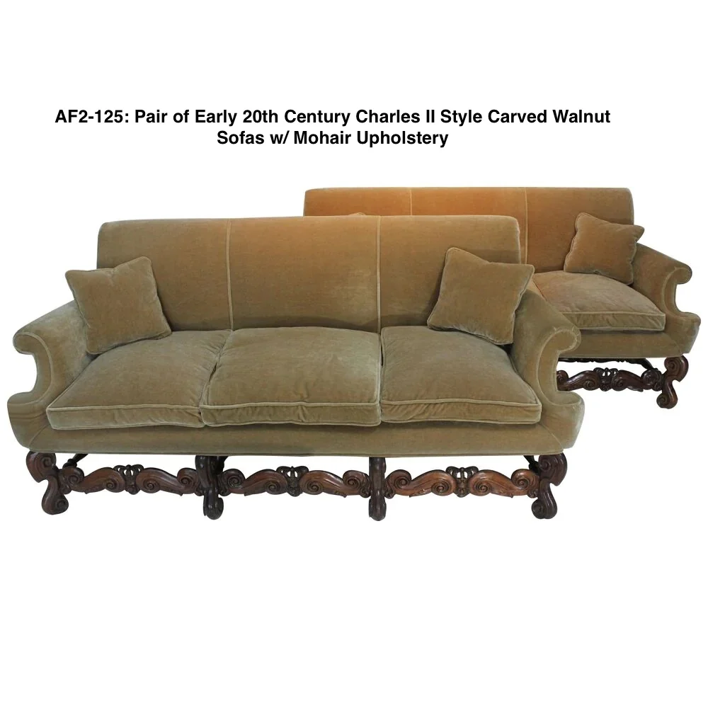 AF2-125: Antique Pair of Early 20th Century Charles II Style Carved Walnut Sofas w/ Mohair Upholstery - Image 3