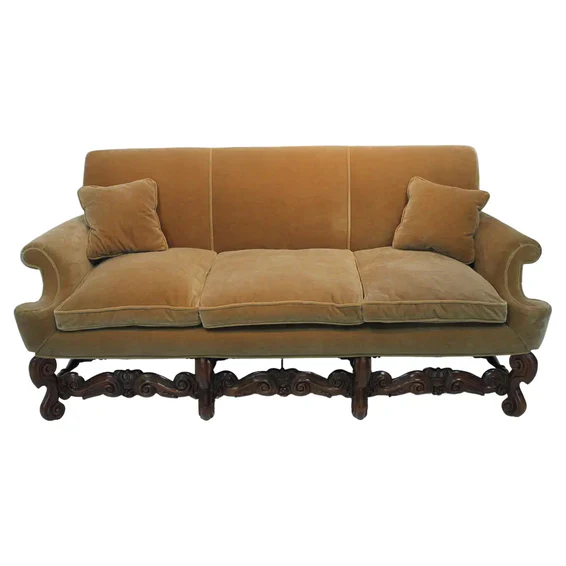 AF2-125: Antique Pair of Early 20th Century Charles II Style Carved Walnut Sofas w/ Mohair Upholstery - Image 5