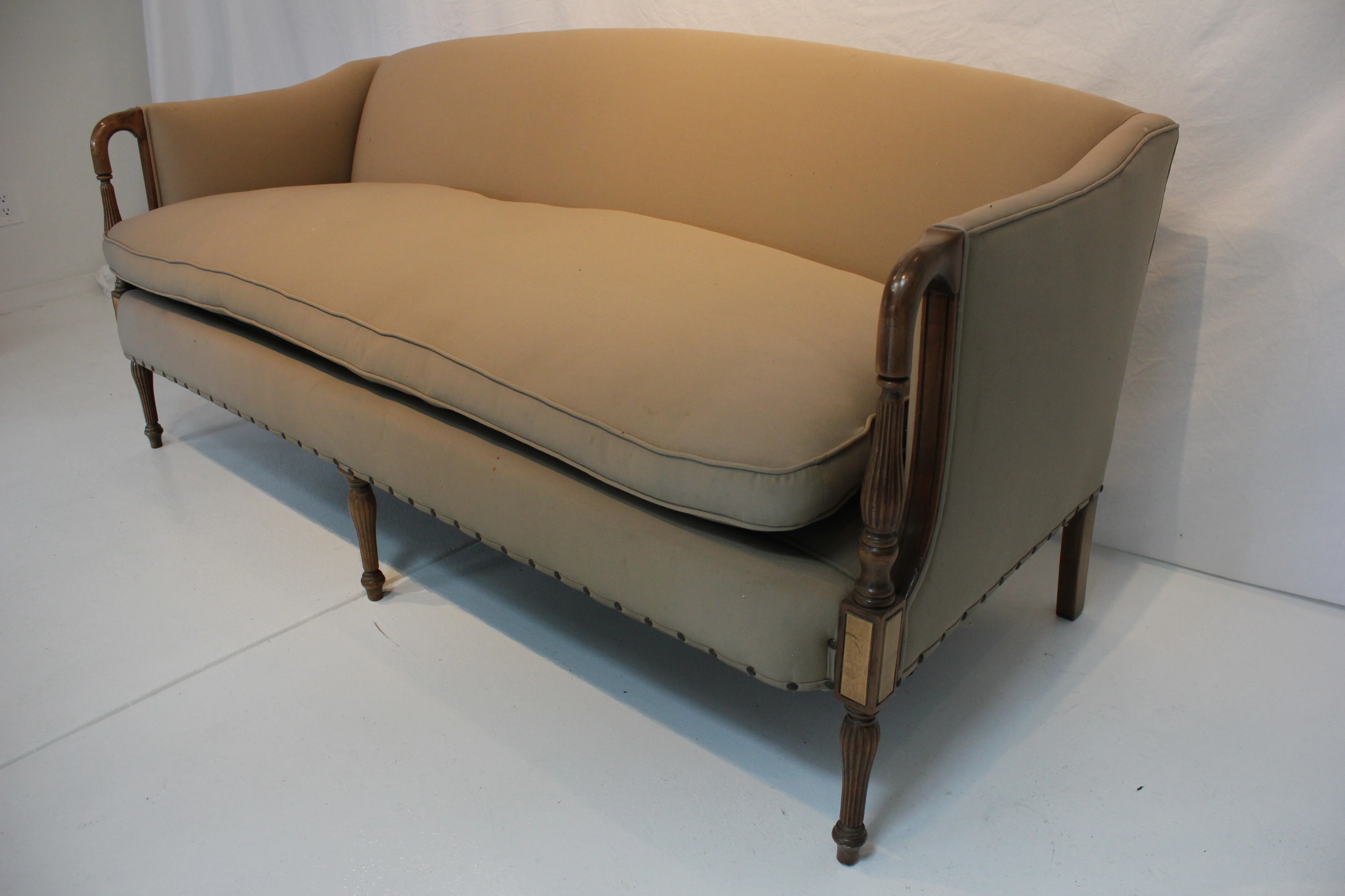 AF2-185: Antique English Sheraton Style Mahogany Inlay Sofa W/ Down Cushion Circa 1920 - Image 4