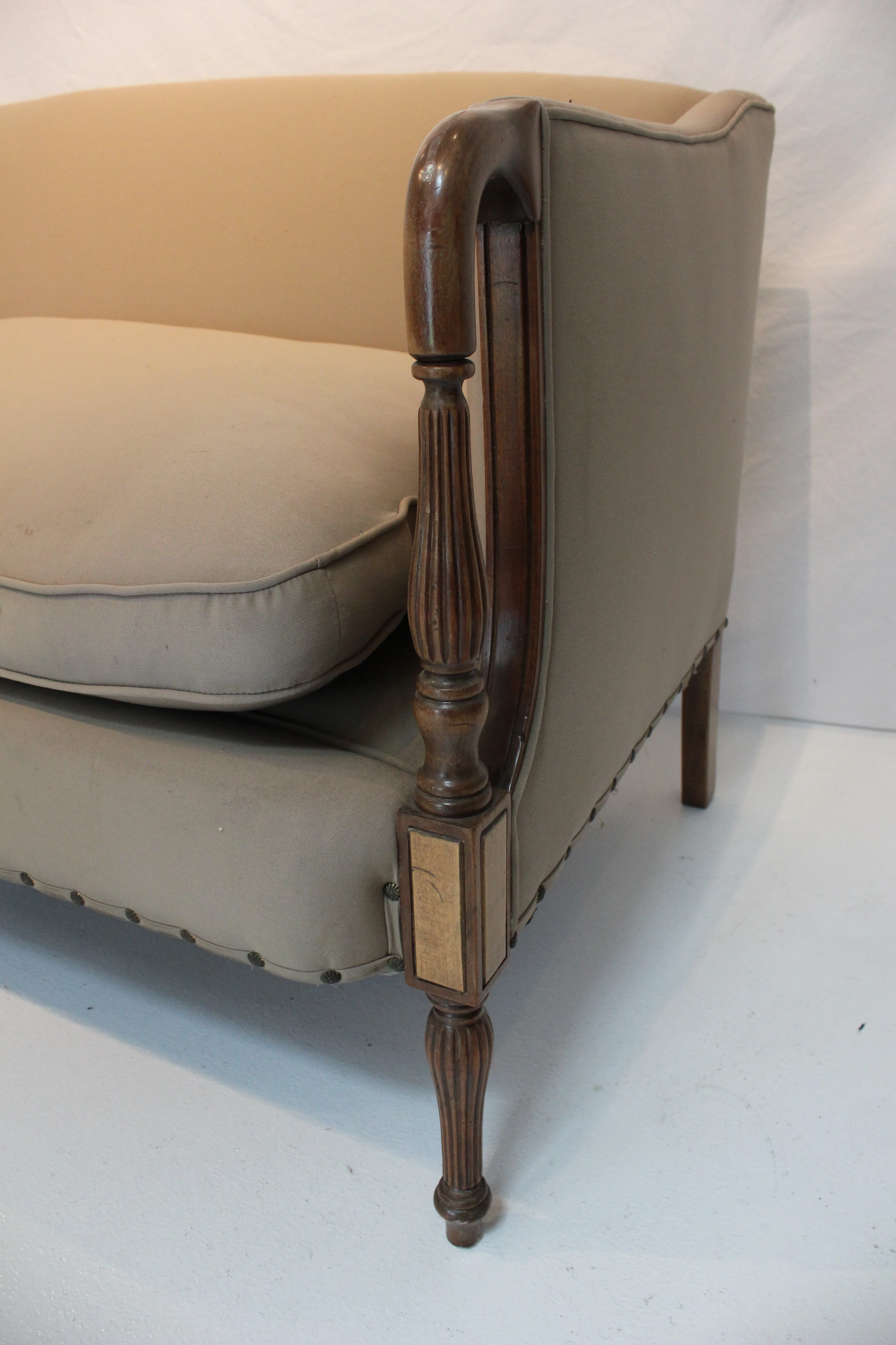 AF2-185: Antique English Sheraton Style Mahogany Inlay Sofa W/ Down Cushion Circa 1920 - Image 5