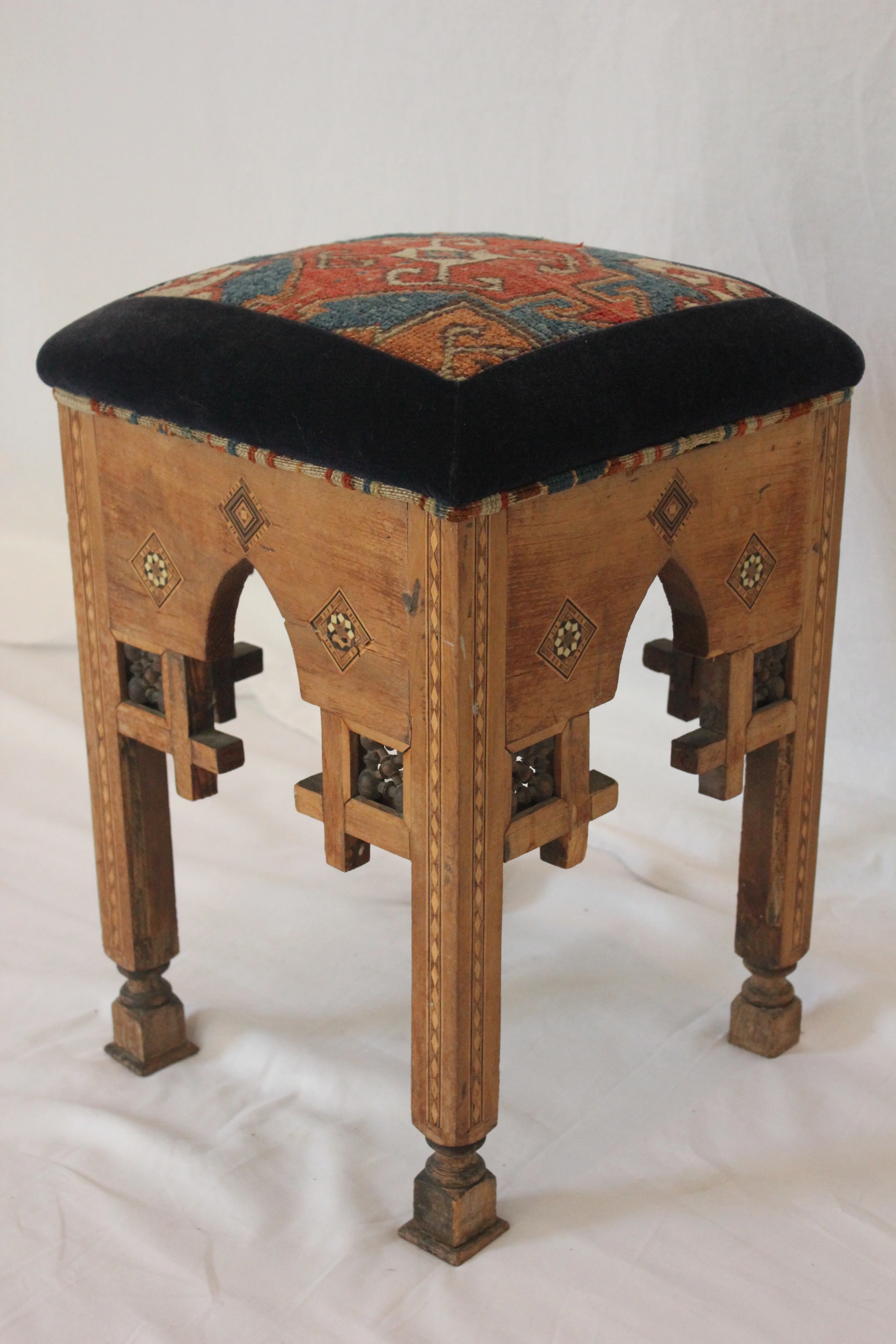 AF2-227: Antique Late 19th Century Moroccan Stool with Hand Knotted Rug Upholstery - Image 4