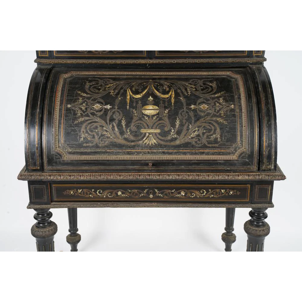 AF5-207: ANTIQUE MID 19TH CENTURY NAPOLEON III INLAID EBONIZED BUREAU À CYLINDRE - Image 10