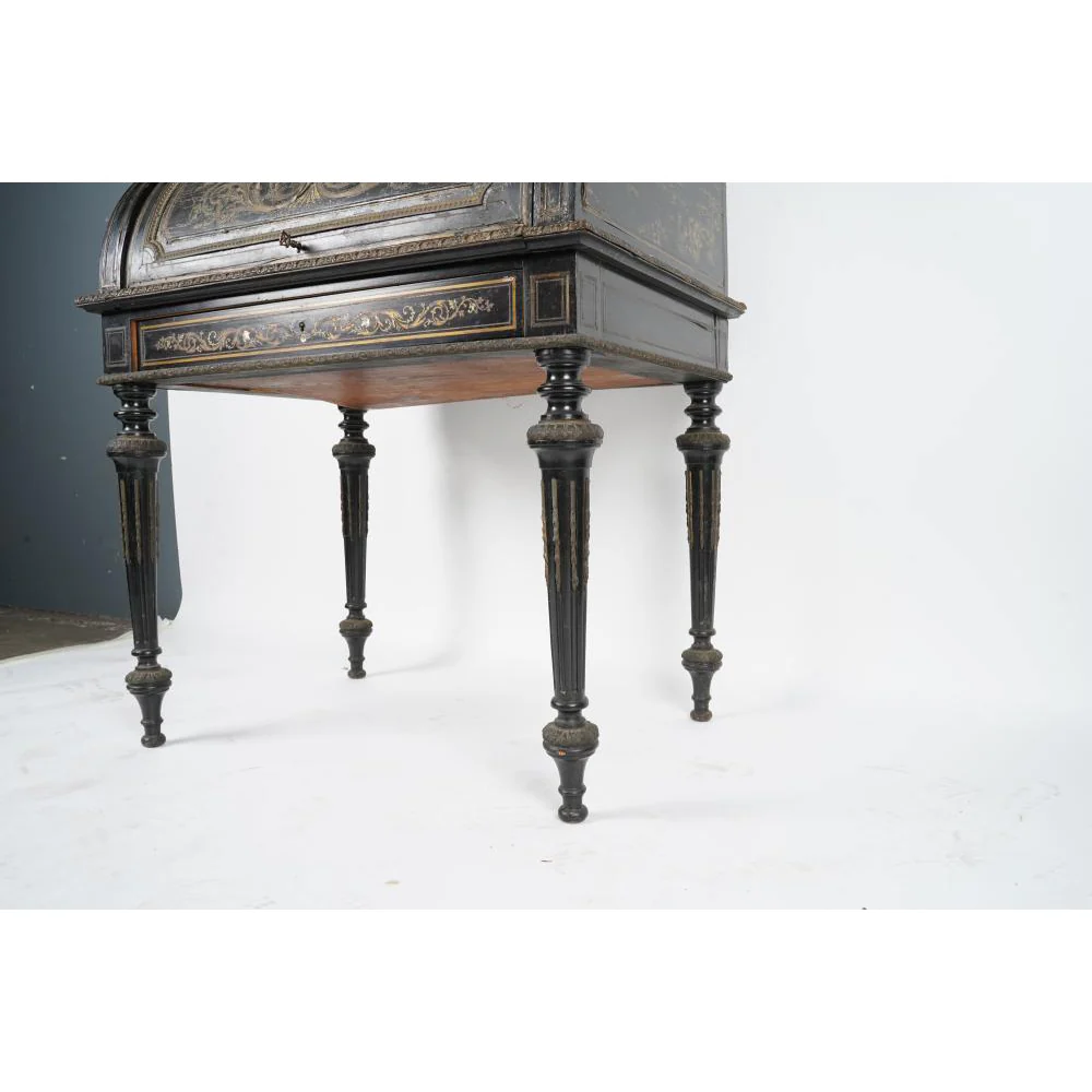 AF5-207: ANTIQUE MID 19TH CENTURY NAPOLEON III INLAID EBONIZED BUREAU À CYLINDRE - Image 3