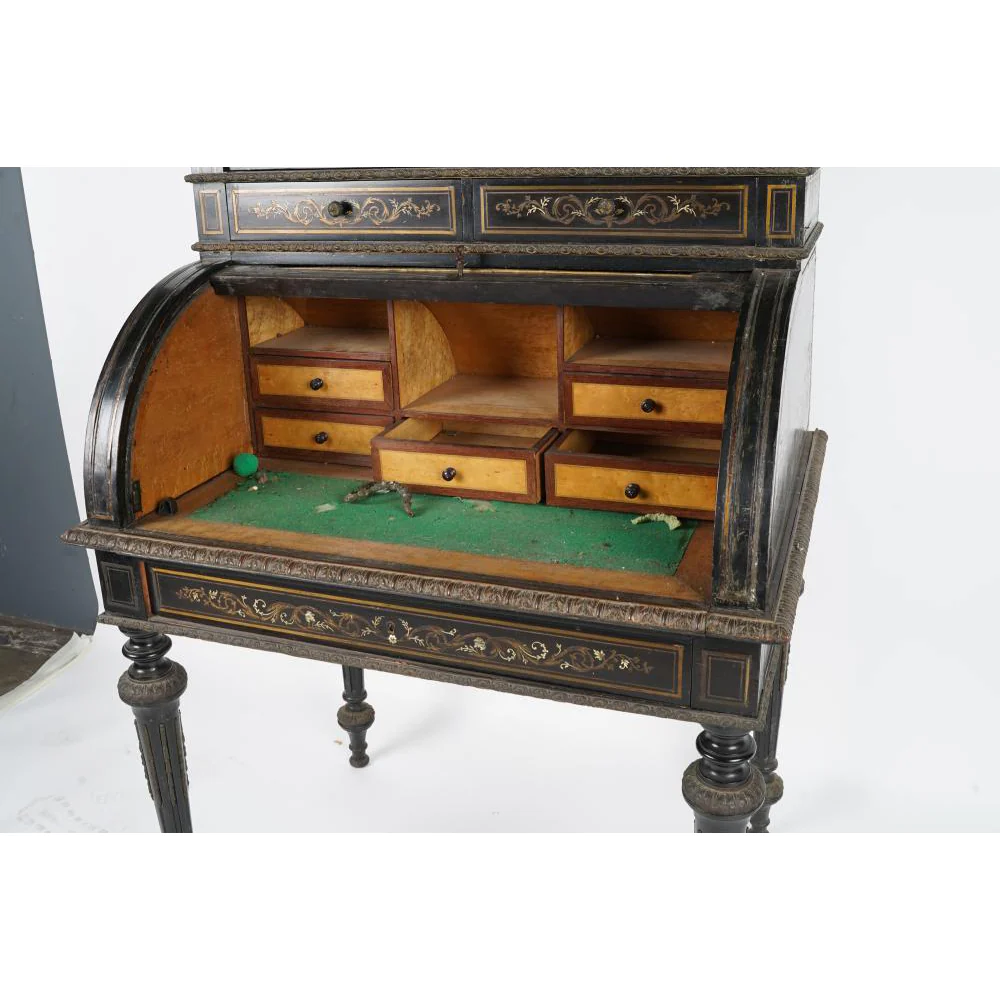 AF5-207: ANTIQUE MID 19TH CENTURY NAPOLEON III INLAID EBONIZED BUREAU À CYLINDRE - Image 7