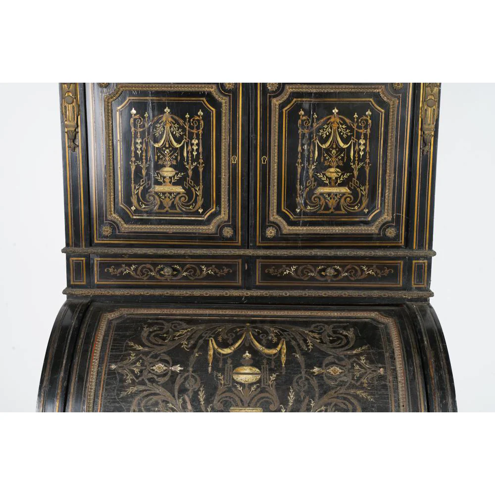AF5-207: ANTIQUE MID 19TH CENTURY NAPOLEON III INLAID EBONIZED BUREAU À CYLINDRE - Image 9