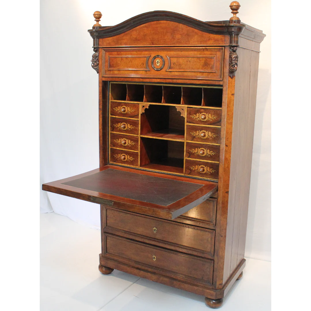 AF5-336: Antique Early 19th Century German Burled Walnut Drop Front Secretaire Abattant w Inlay - Image 11