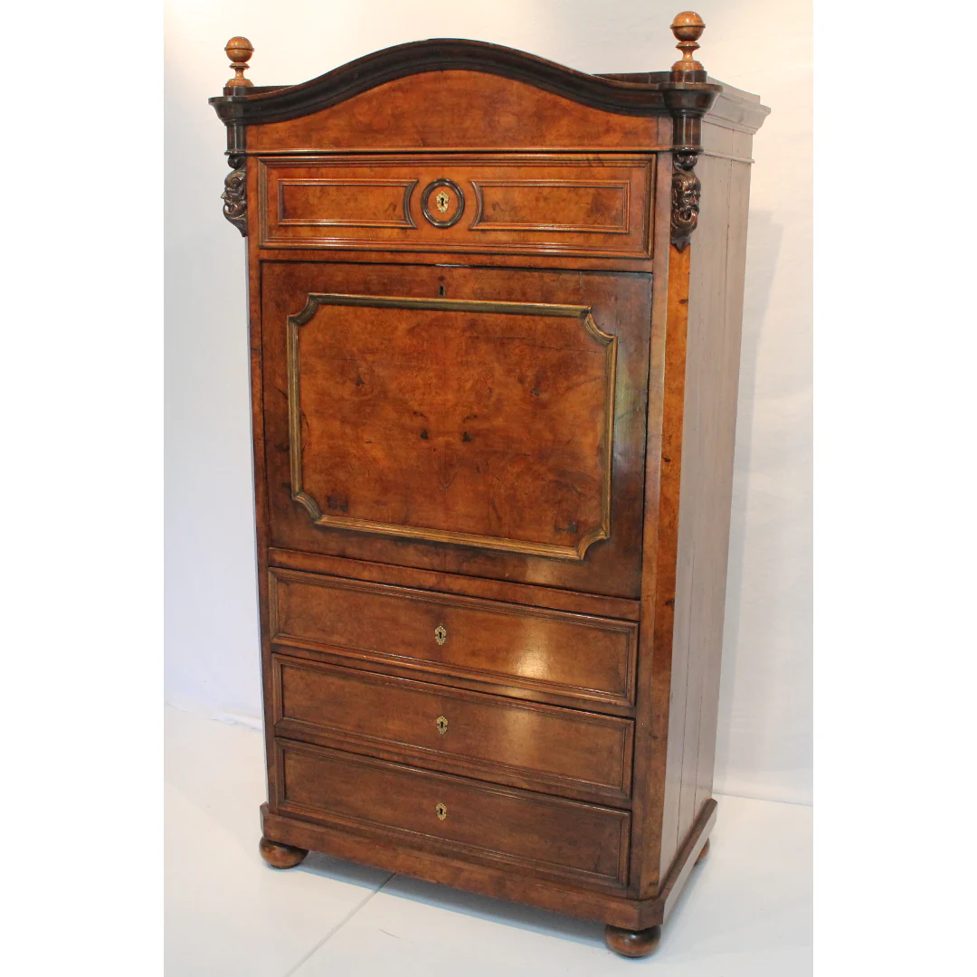 AF5-336: Antique Early 19th Century German Burled Walnut Drop Front Secretaire Abattant w Inlay - Image 3
