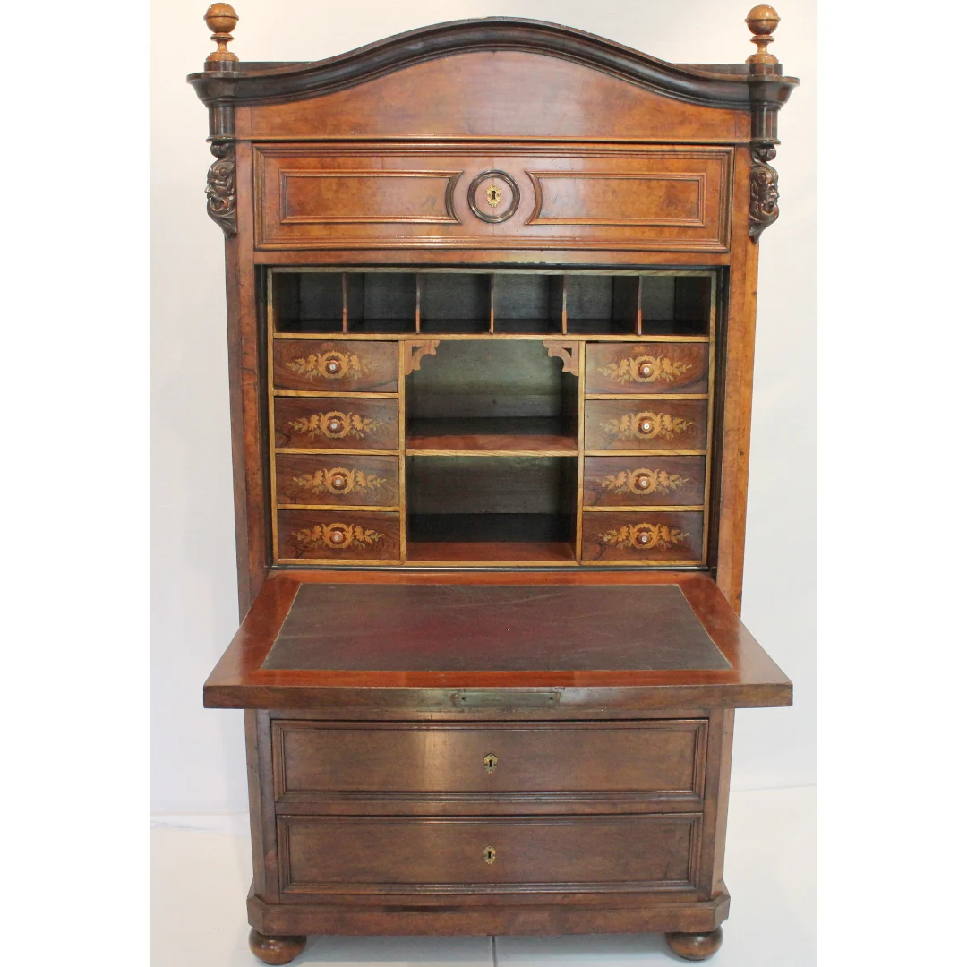 AF5-336: Antique Early 19th Century German Burled Walnut Drop Front Secretaire Abattant w Inlay - Image 4