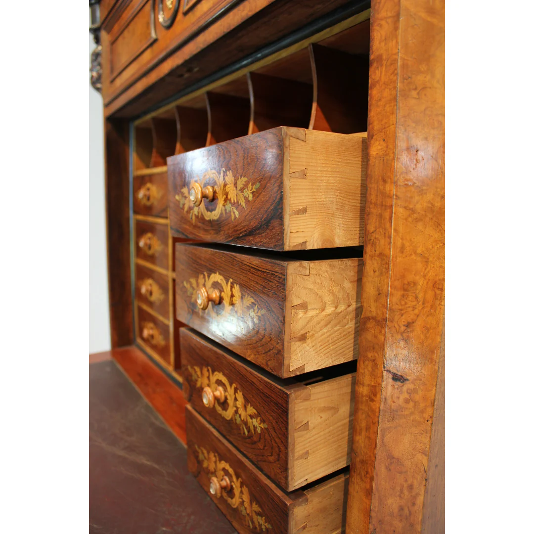 AF5-336: Antique Early 19th Century German Burled Walnut Drop Front Secretaire Abattant w Inlay - Image 7