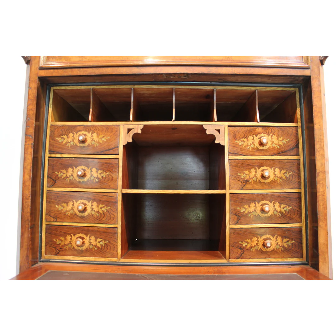 AF5-336: Antique Early 19th Century German Burled Walnut Drop Front Secretaire Abattant w Inlay - Image 8