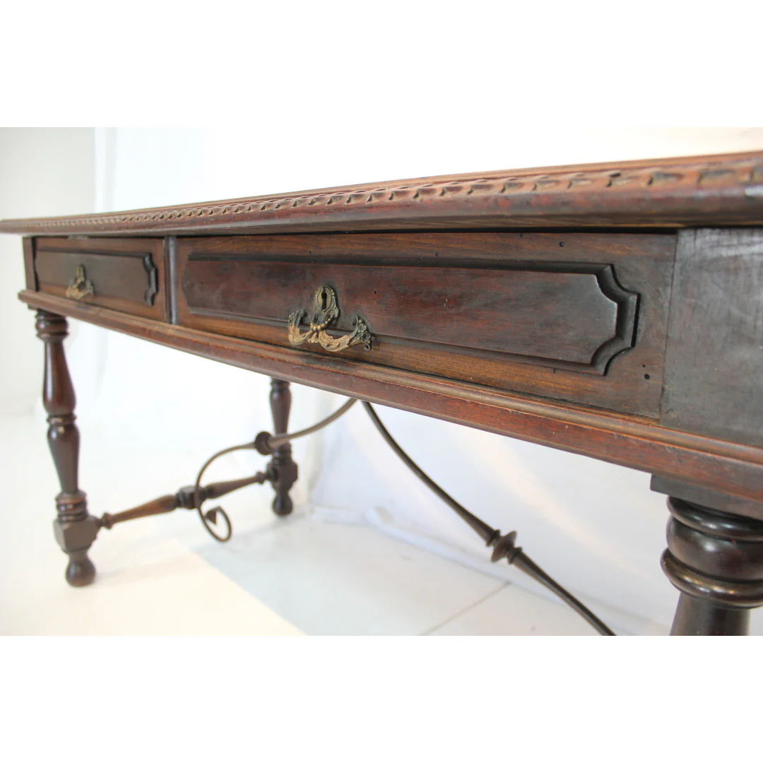 AF5-341 - Antique Early 20th Century Spanish Colonial Revival Desk with Iron Stretcher Bars - Image 3