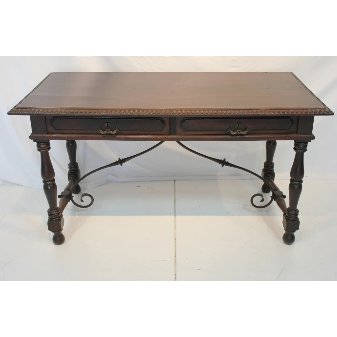 AF5-341 - Antique Early 20th Century Spanish Colonial Revival Desk with Iron Stretcher Bars - Image 7