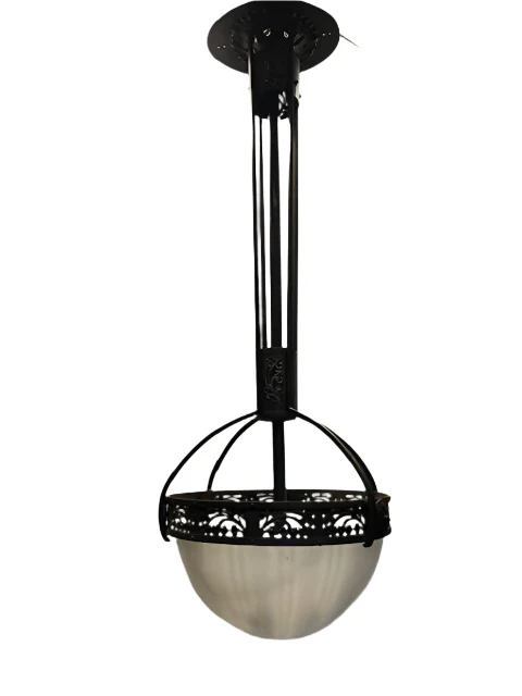 AL1-008: Antique Art Nouveau Milk Glass and Forged Iron Chandelier - Image 4