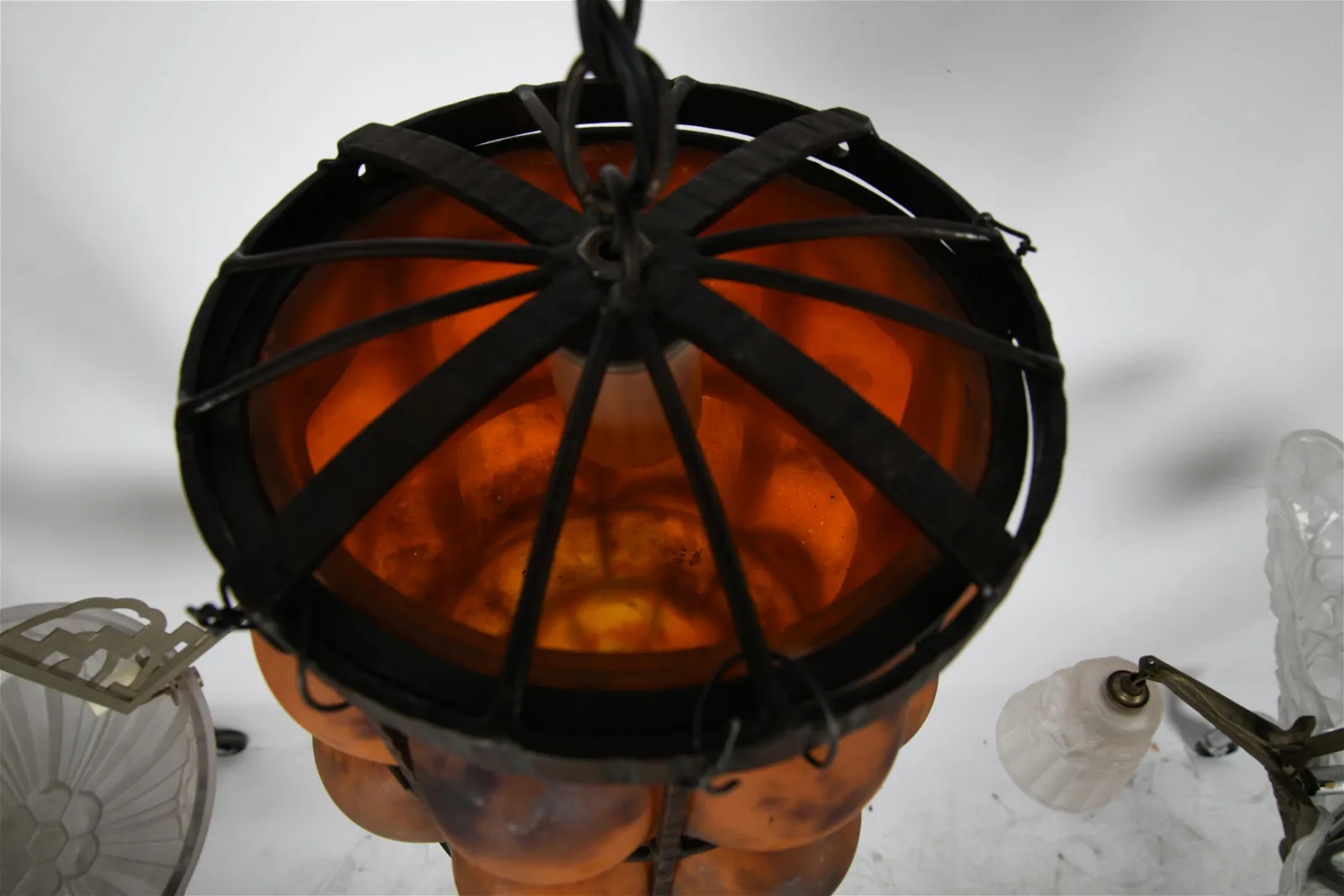 AL1-031: Antique Daum Nancy & Louis Majorelle Early 20th Century Hand Forged Iron Chandelier with Blown Mottled Glass - Image 3