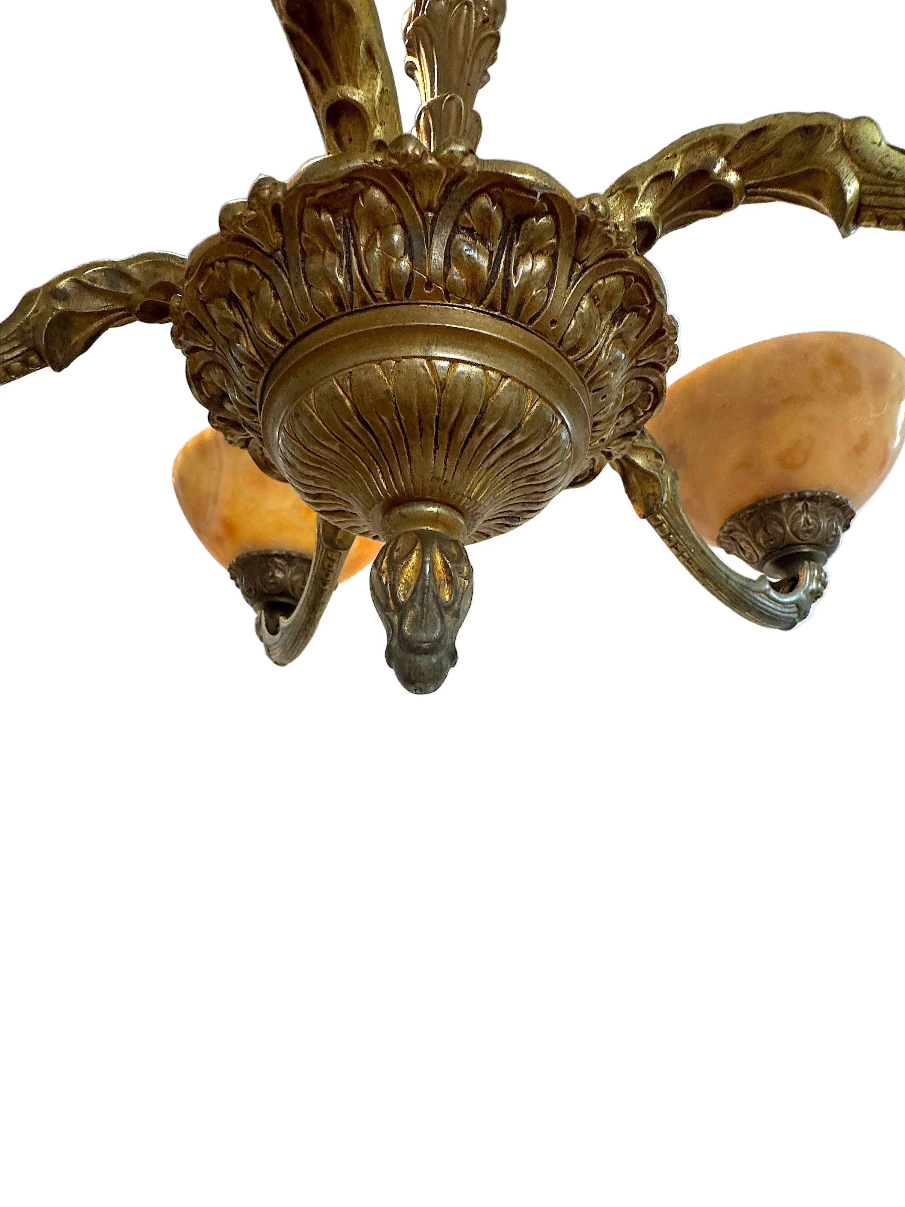 AL1-044: Antique European Five Light Fire Gilt Brass Chandelier with Alabaster Shades Circa 1900 - Image 3