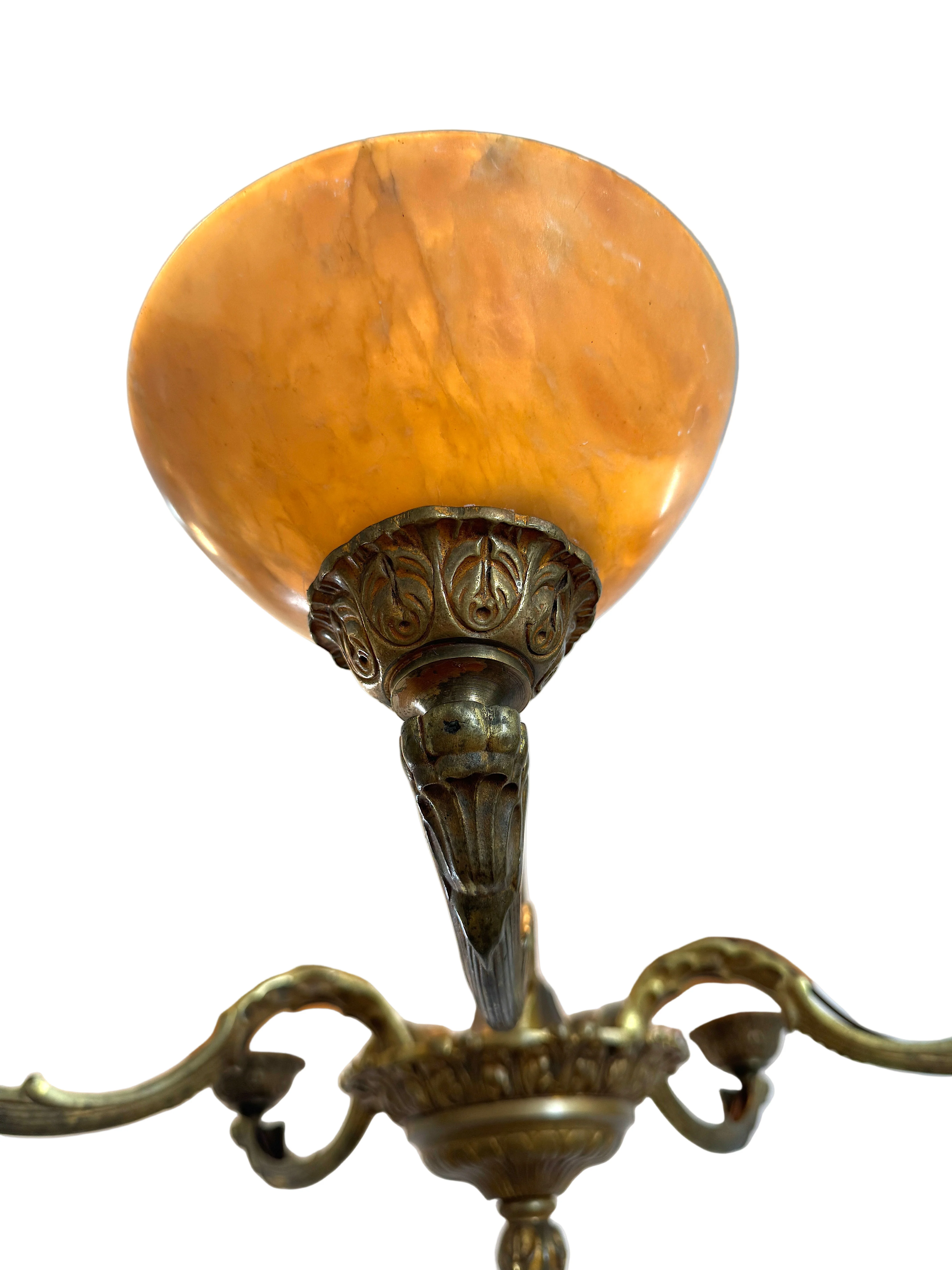 AL1-044: Antique European Five Light Fire Gilt Brass Chandelier with Alabaster Shades Circa 1900 - Image 4