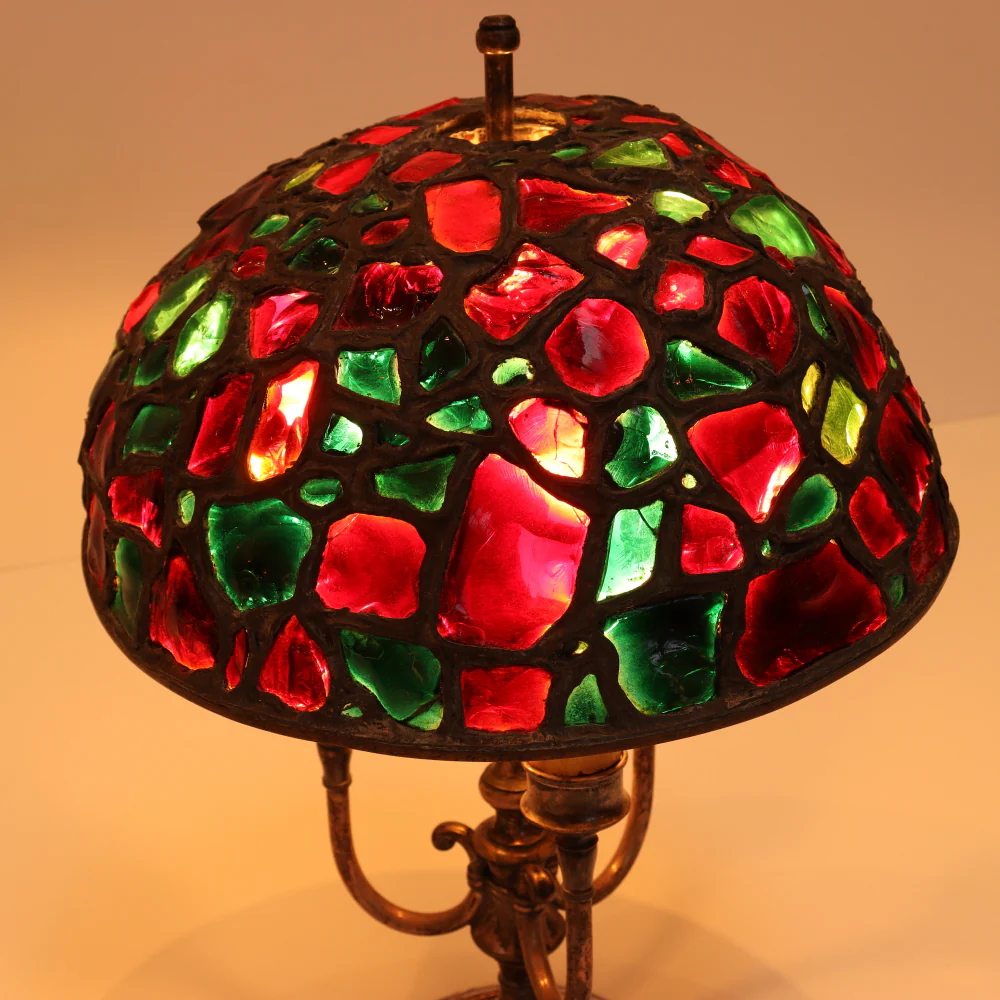 AL2-034: Antique Art Nouveau Chunk Glass Leaded Shade on Pairpont Silverplate Lamp Base - Image 8