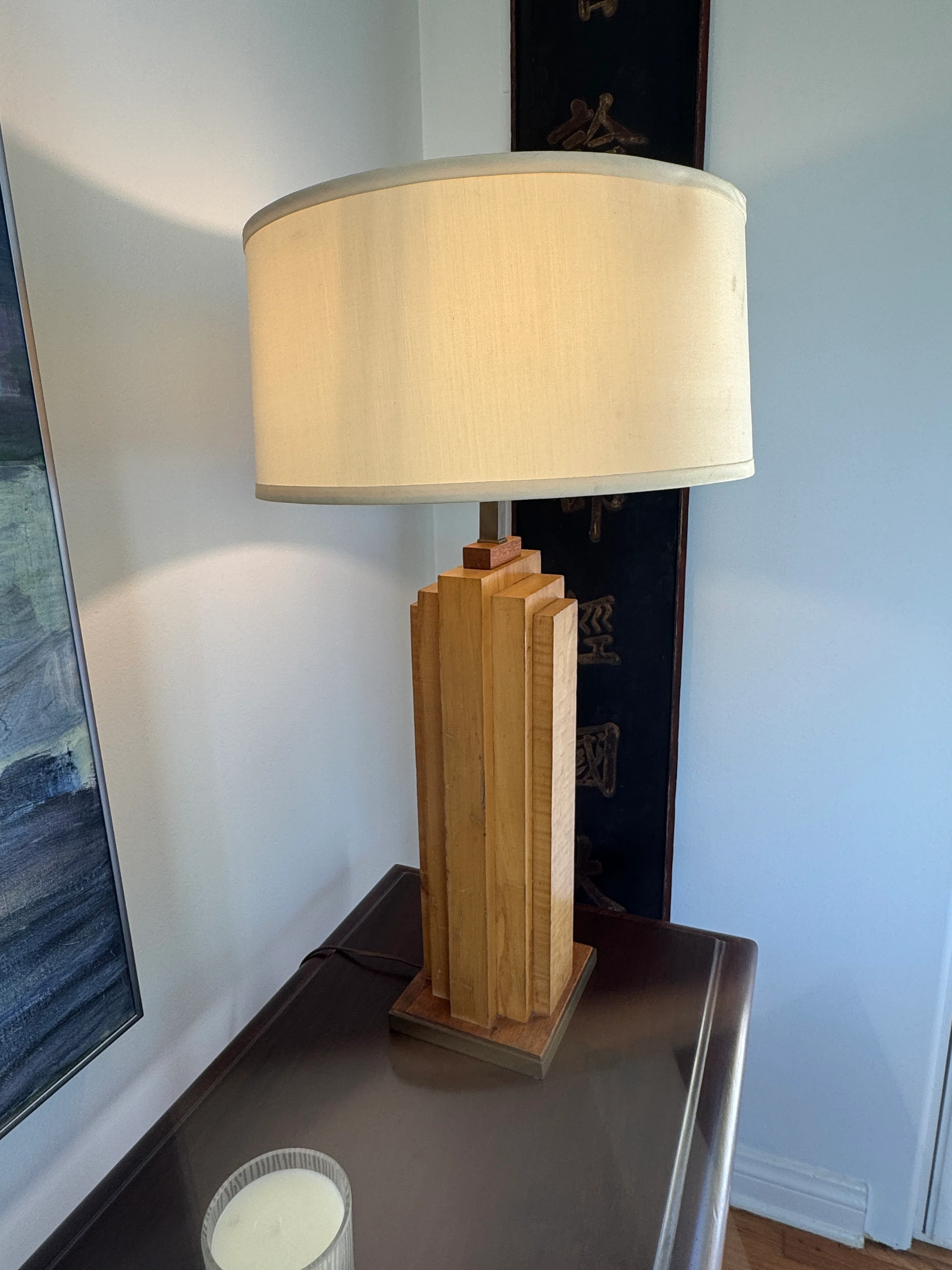 AL2-039: Antique Mid Century Modern Wood Skyscraper Art Deco Pair Table Lamps Circa 1940's - Image 4
