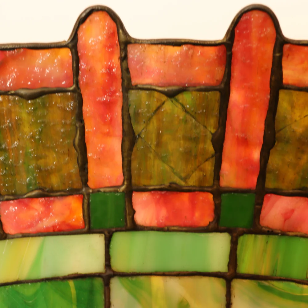 AL2-044:  Antique Early 20th Century Arts & Crafts Tiffany Style Bronze Lamp with Leaded and Stained Glass Shade - Image 14