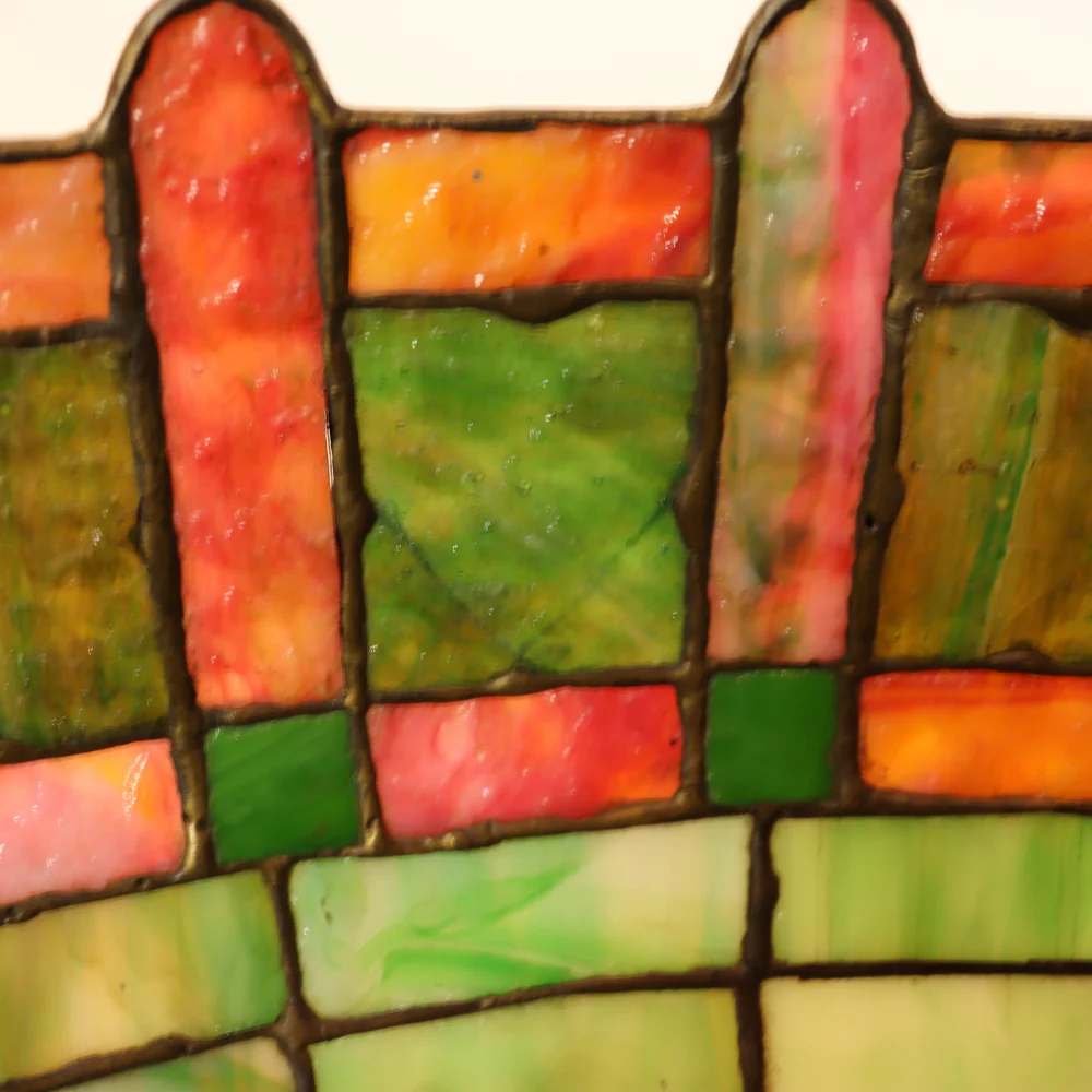 AL2-044:  Antique Early 20th Century Arts & Crafts Tiffany Style Bronze Lamp with Leaded and Stained Glass Shade - Image 16