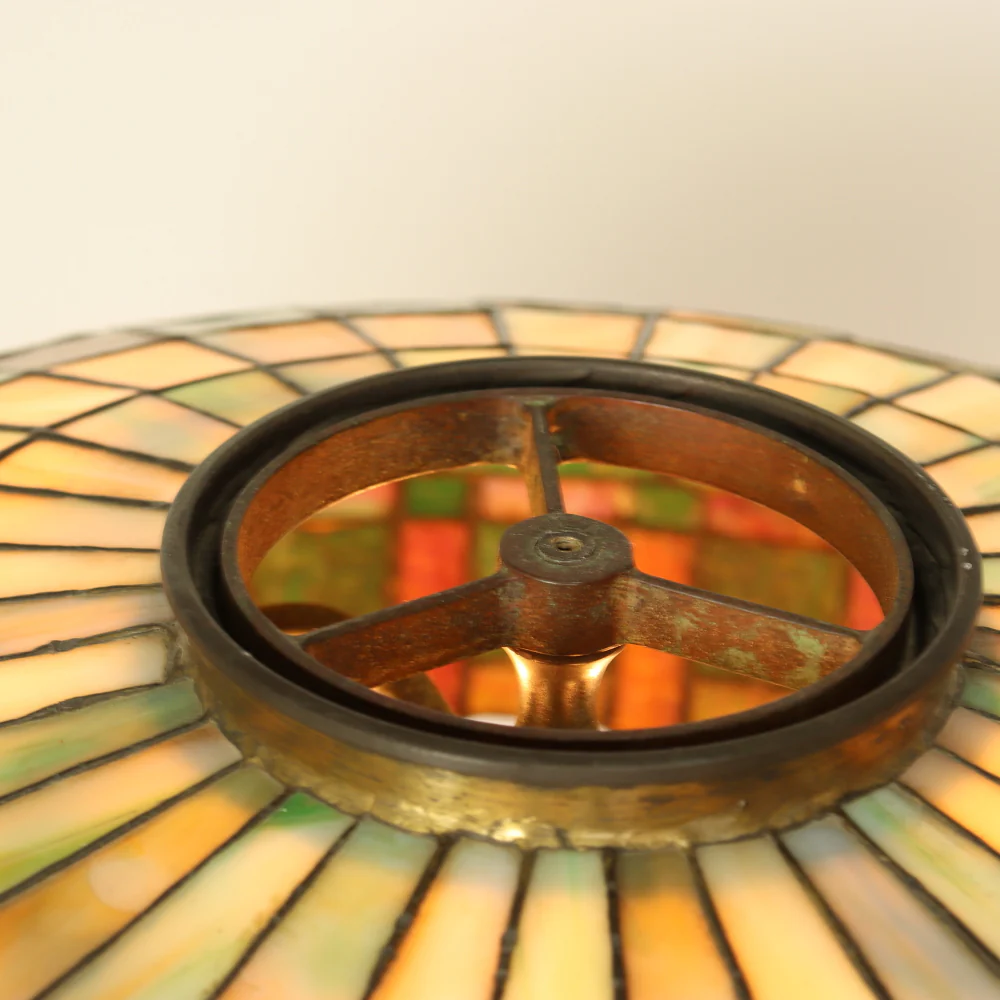 AL2-044:  Antique Early 20th Century Arts & Crafts Tiffany Style Bronze Lamp with Leaded and Stained Glass Shade - Image 7