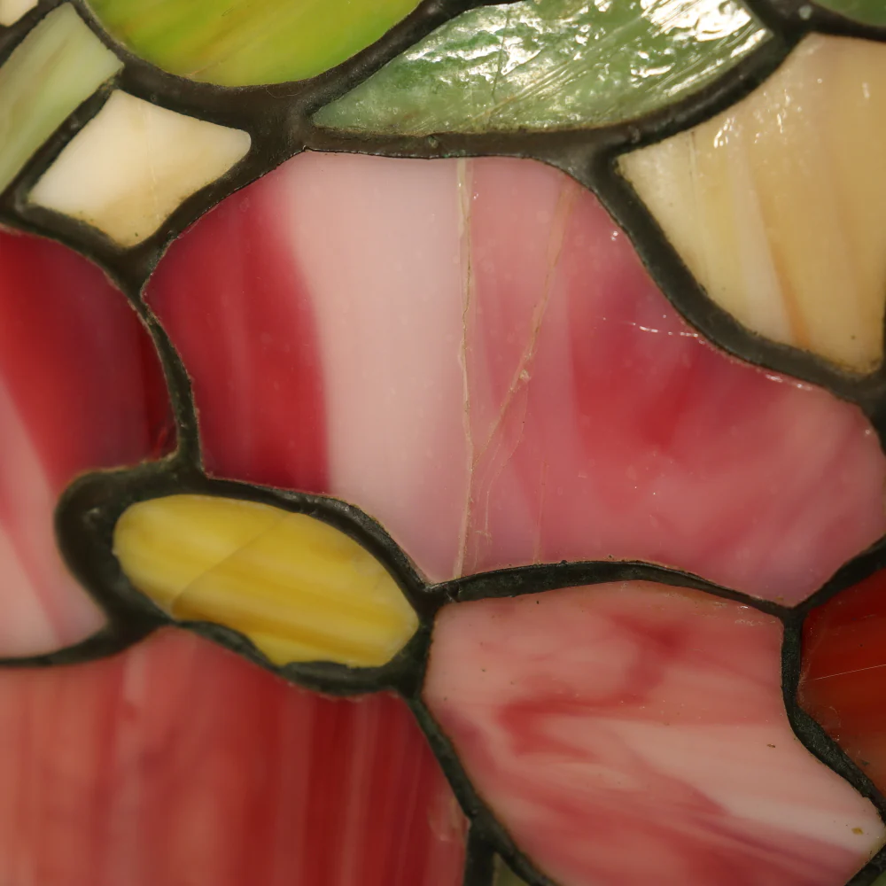 AL2-047: Antique Arts & Crafts Leaded Glass Peony Lamp Shade With Bronze Base - Image 10