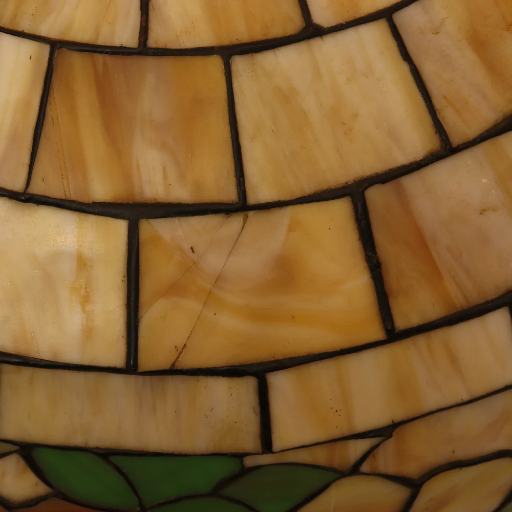 AL2-047: Antique Arts & Crafts Leaded Glass Peony Lamp Shade With Bronze Base - Image 13