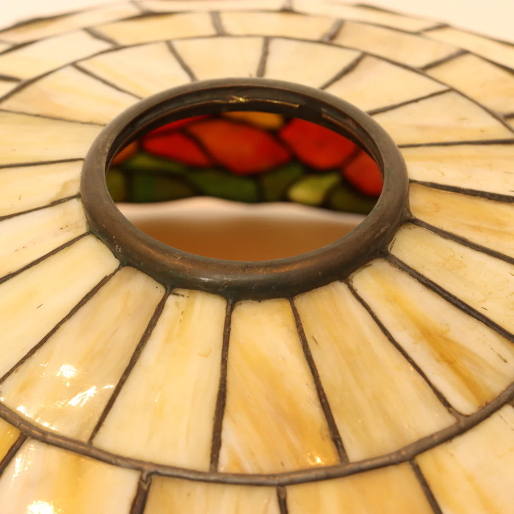 AL2-047: Antique Arts & Crafts Leaded Glass Peony Lamp Shade With Bronze Base - Image 15