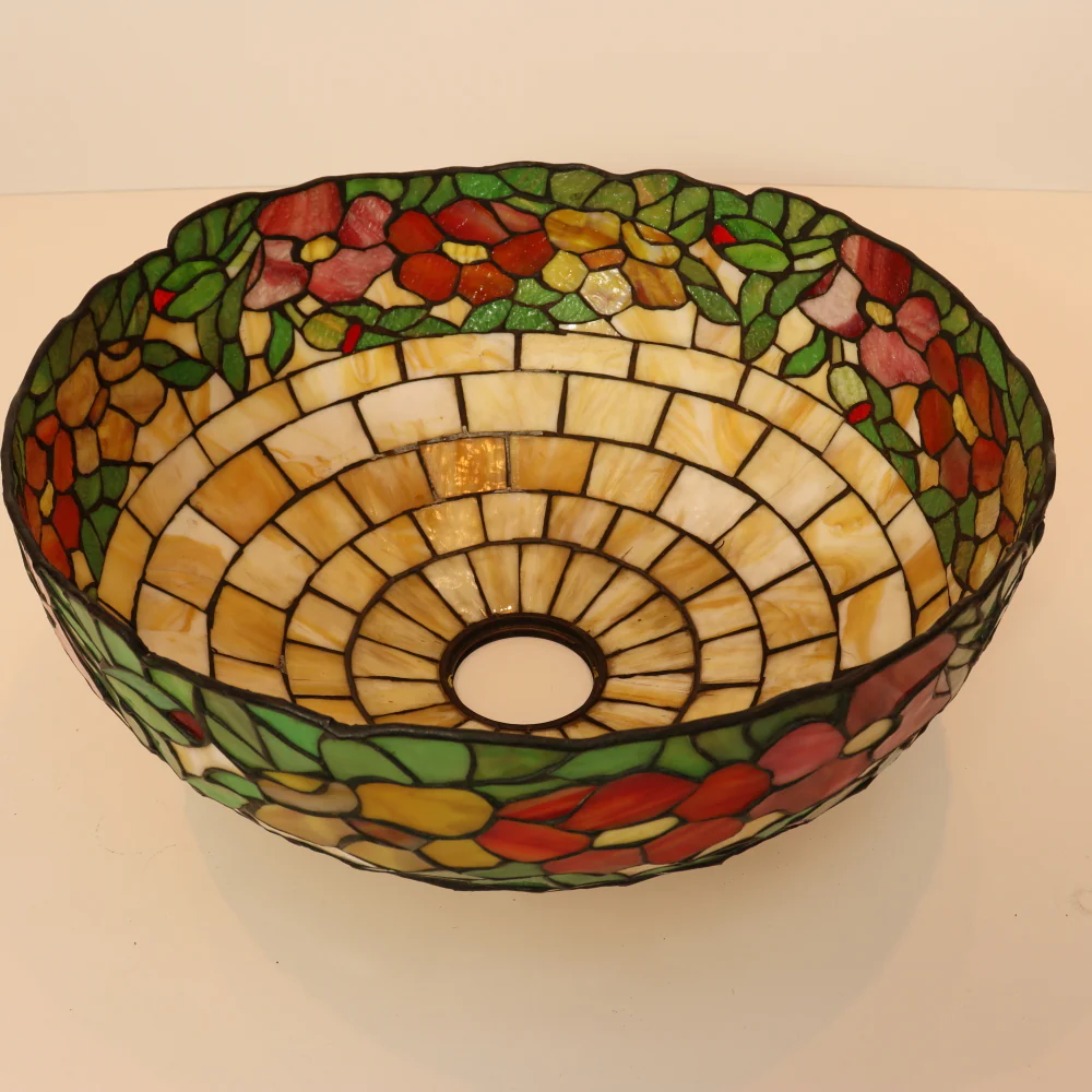 AL2-047: Antique Arts & Crafts Leaded Glass Peony Lamp Shade With Bronze Base - Image 16