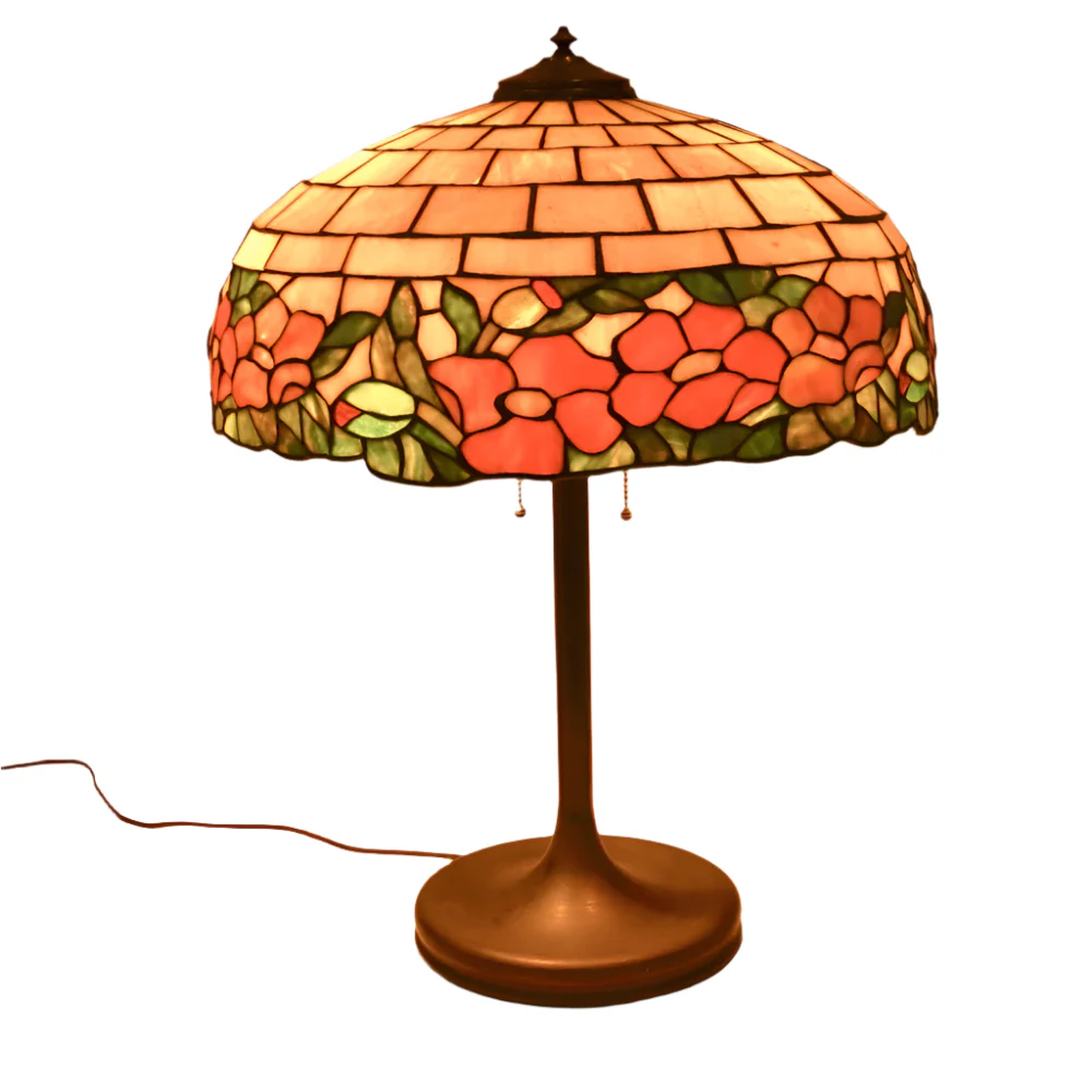 AL2-047: Antique Arts & Crafts Leaded Glass Peony Lamp Shade With Bronze Base - Image 3