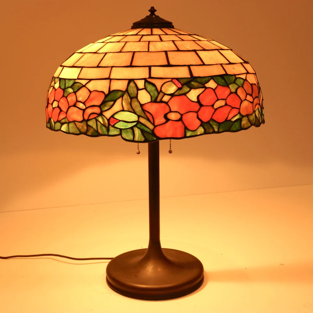 AL2-047: Antique Arts & Crafts Leaded Glass Peony Lamp Shade With Bronze Base - Image 4
