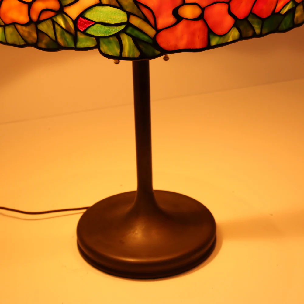 AL2-047: Antique Arts & Crafts Leaded Glass Peony Lamp Shade With Bronze Base - Image 6