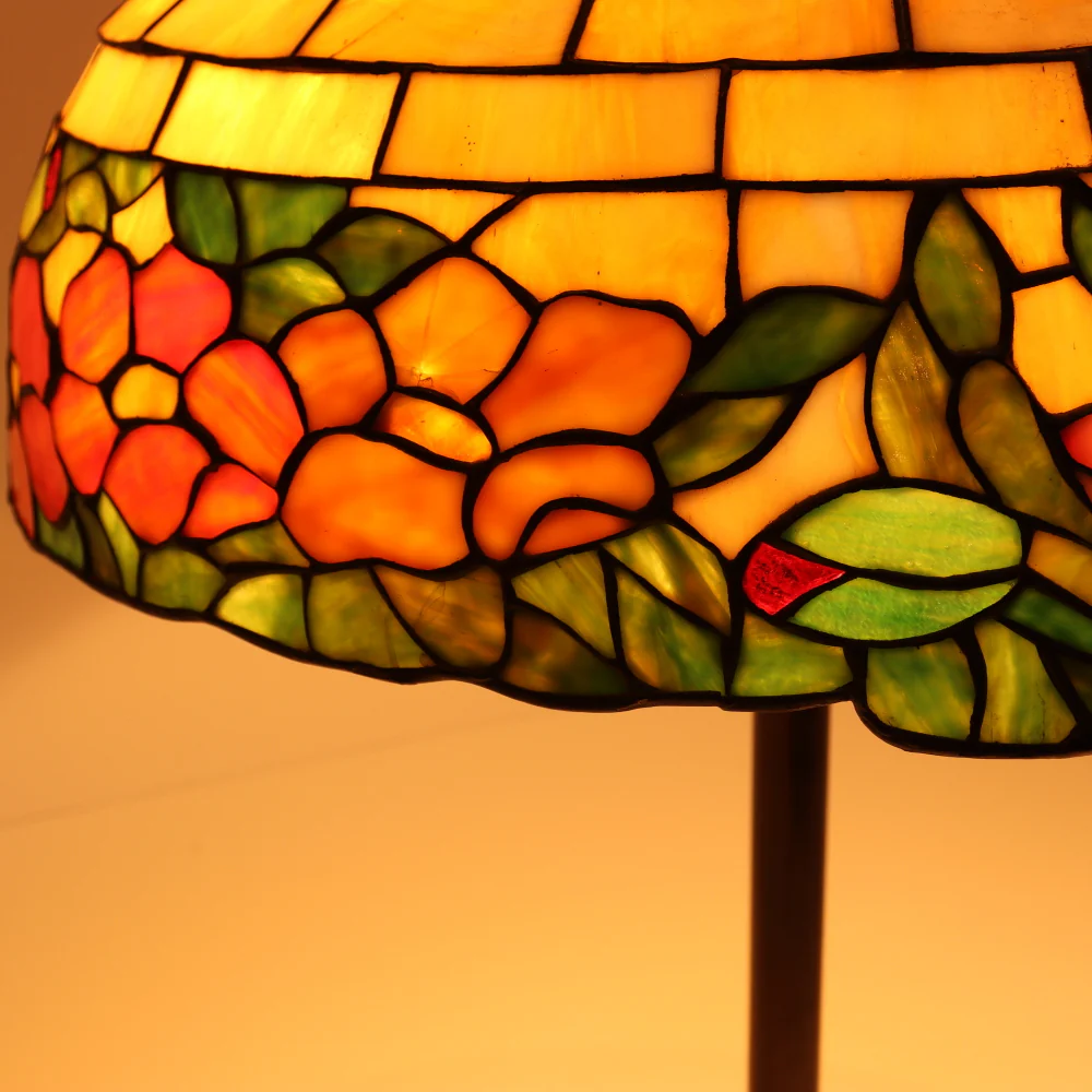 AL2-047: Antique Arts & Crafts Leaded Glass Peony Lamp Shade With Bronze Base - Image 7