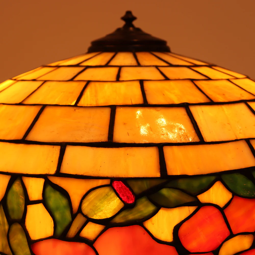 AL2-047: Antique Arts & Crafts Leaded Glass Peony Lamp Shade With Bronze Base - Image 8