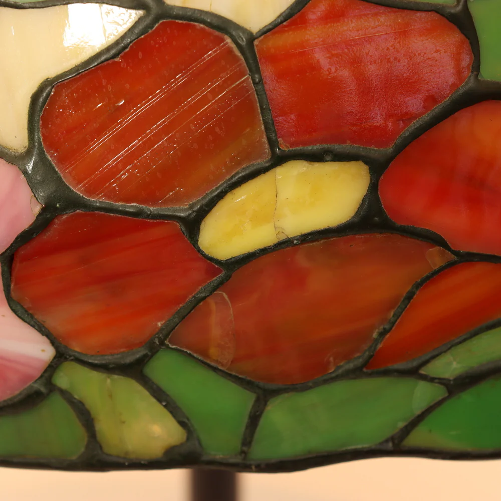 AL2-047: Antique Arts & Crafts Leaded Glass Peony Lamp Shade With Bronze Base - Image 9