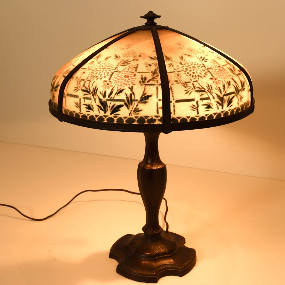 AL2-098: Antique Early 20th Century Art Nouveau Lamp with Reverse Painted Ribbed Glass Shade - Image 3